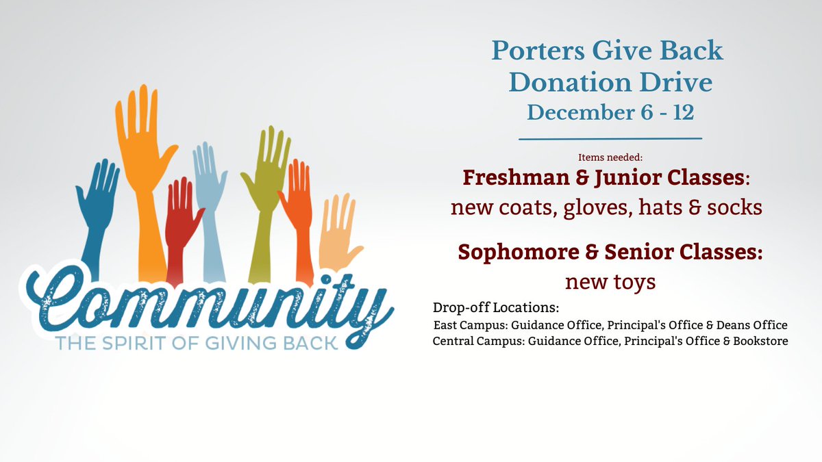 LockportHS205's tweet photo. LTHS students are encouraged to bring donations &amp; items are being accepted until this Friday, 12/10. #PorterPride https://t.co/AHcNKQHgp7