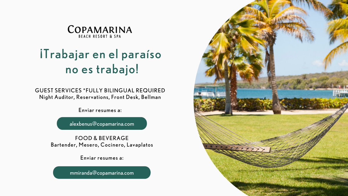 copamarina's tweet photo. Trabajar en un lugar que te inspire es gratificante. Únete a nuestro equipo de personas que disfrutan lo que hacen.

¡Queremos conocerte!

#wearehiring #hiring #contratando #hospitality #Thecopalifestyle https://t.co/7d2LrQNRi8