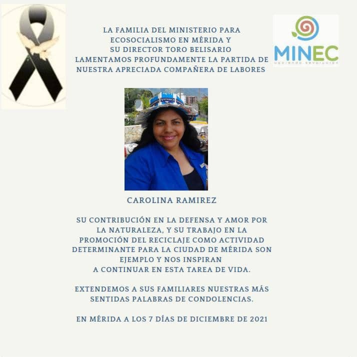 minec_merida's tweet photo. La Familia Minec Mérida lamenta profundamente la partida de nuestra apreciada compañera
Carolina Ramirez
Su contribución en la defensa y amor por la naturaleza, y su trabajo en la promoción del reciclaje son ejemplo y nos inspiran a continuar en esta tarea de vida. https://t.co/ctWgETel0R
