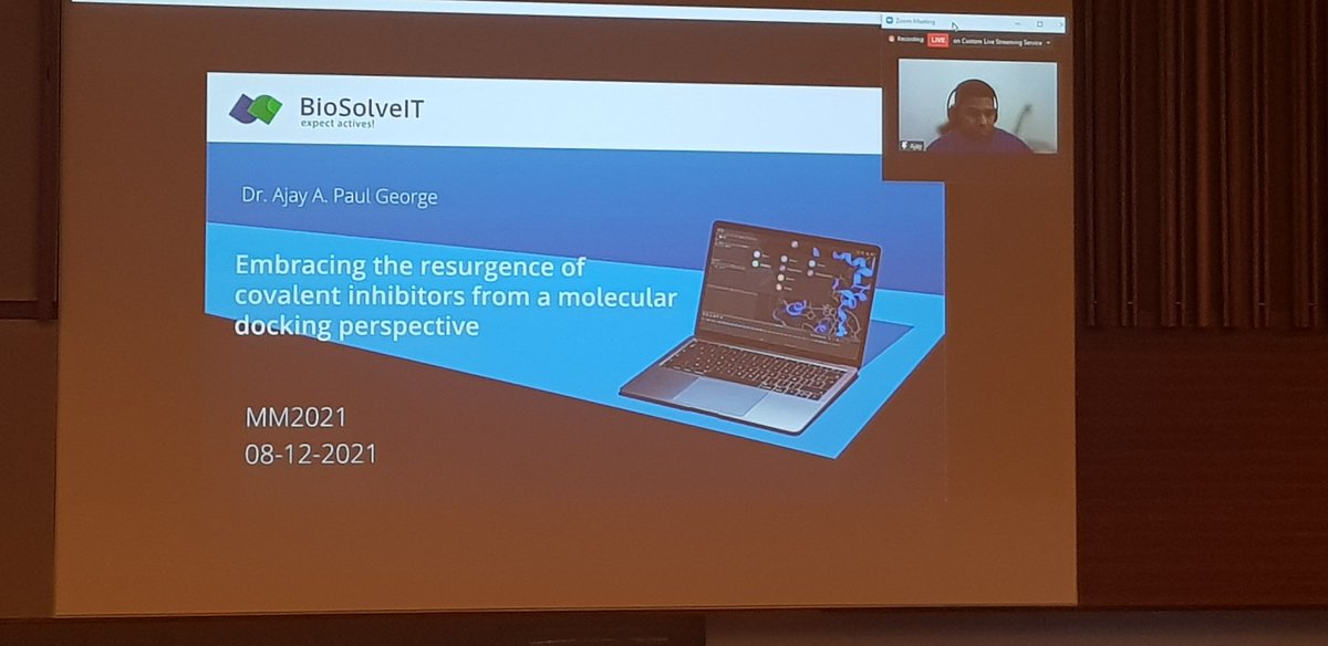Next up in our Applications of #MolecularSimulations session we have Dr Ajay Abisheck Paul George (@AjayAbisheck) from @biosolveit , discussing Embracing the resurgence of #covalentinhibitors from a #moleculardocking perspective
 
#compchem #ozchem #CADD