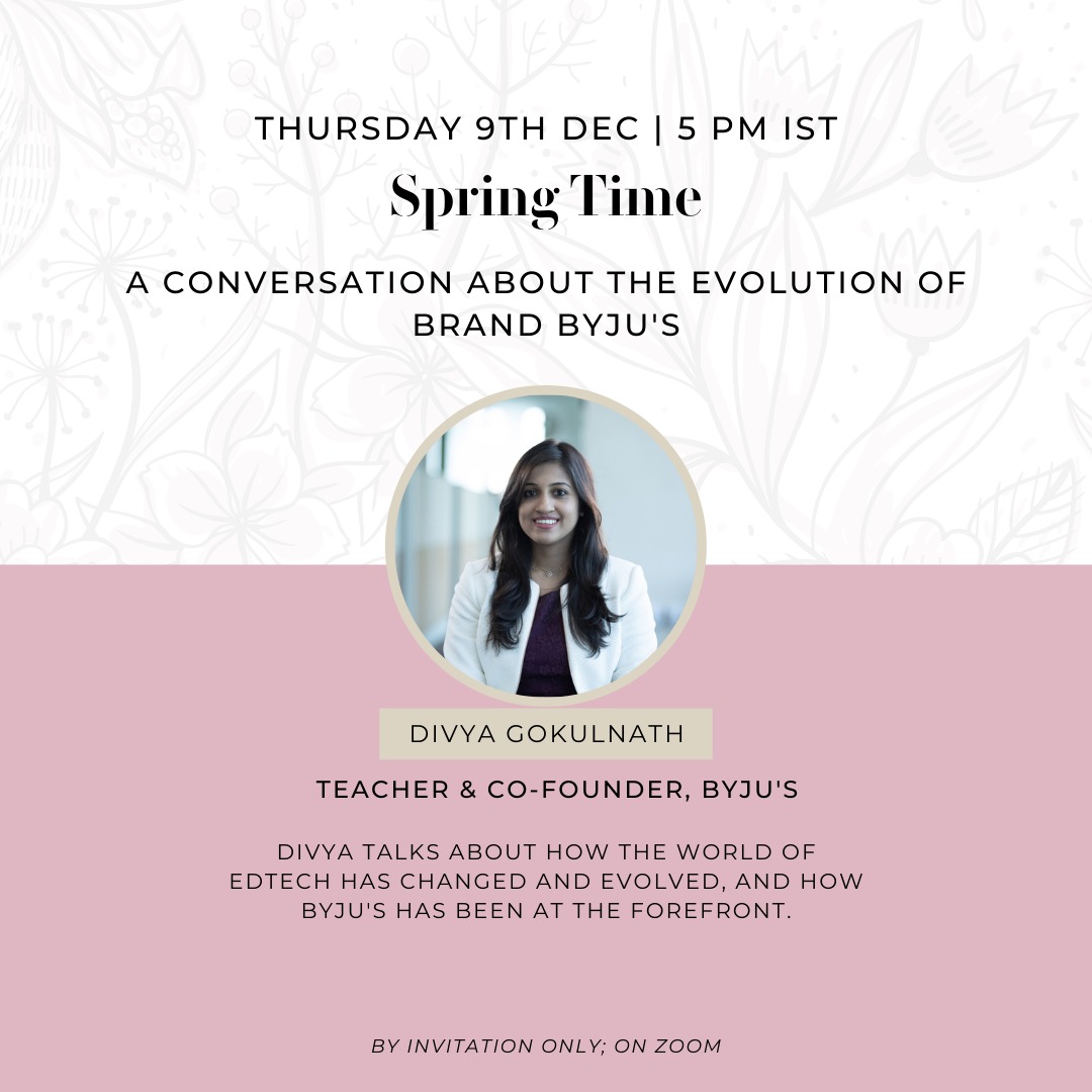 ganraja's tweet photo. A fun, free-wheeling chat with Divya Gokulnath, co-founder and teacher, @BYJUS. Thu, Dec 9th, 5 pm. Limited seats, DM for invites. @tweet2spring @aruniyer @vinnig #branding #firesidechat #learning #byjus https://t.co/YgUNUkmDc8
