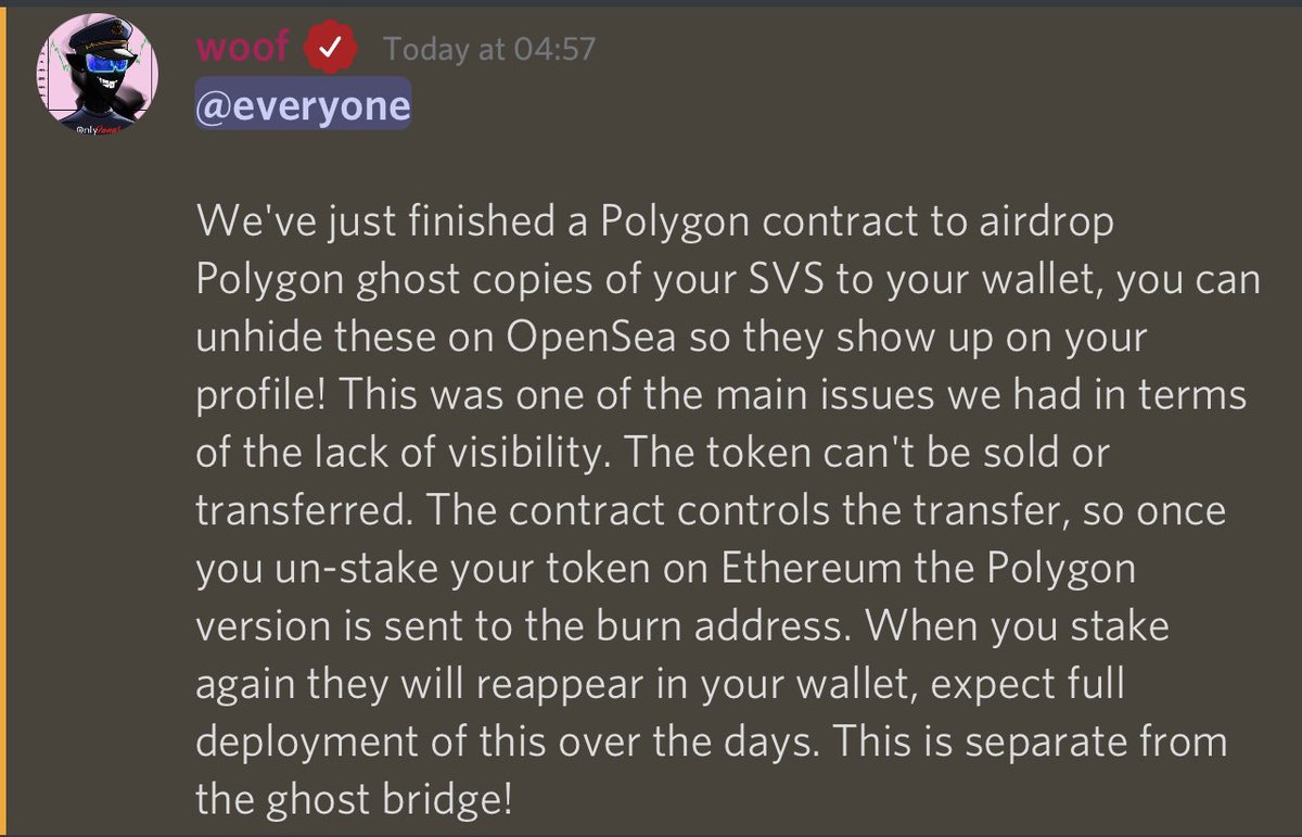 We will soon be deploying a Polygon Contract to airdrop ghost copies of your SVS Vampire to your wallet when staking.

This means while your Ethereum Vampire is staked - you will receive a Polygon placeholder in the meantime until unstaked! 🧛‍♂️