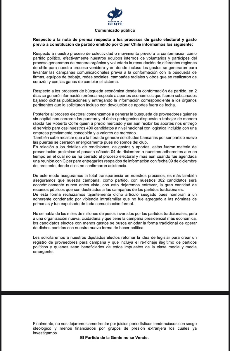 GUBERNATTI's tweet photo. Comunicado del #PDG ante nefasta nota de #Ciper https://t.co/RA31ft3UpU