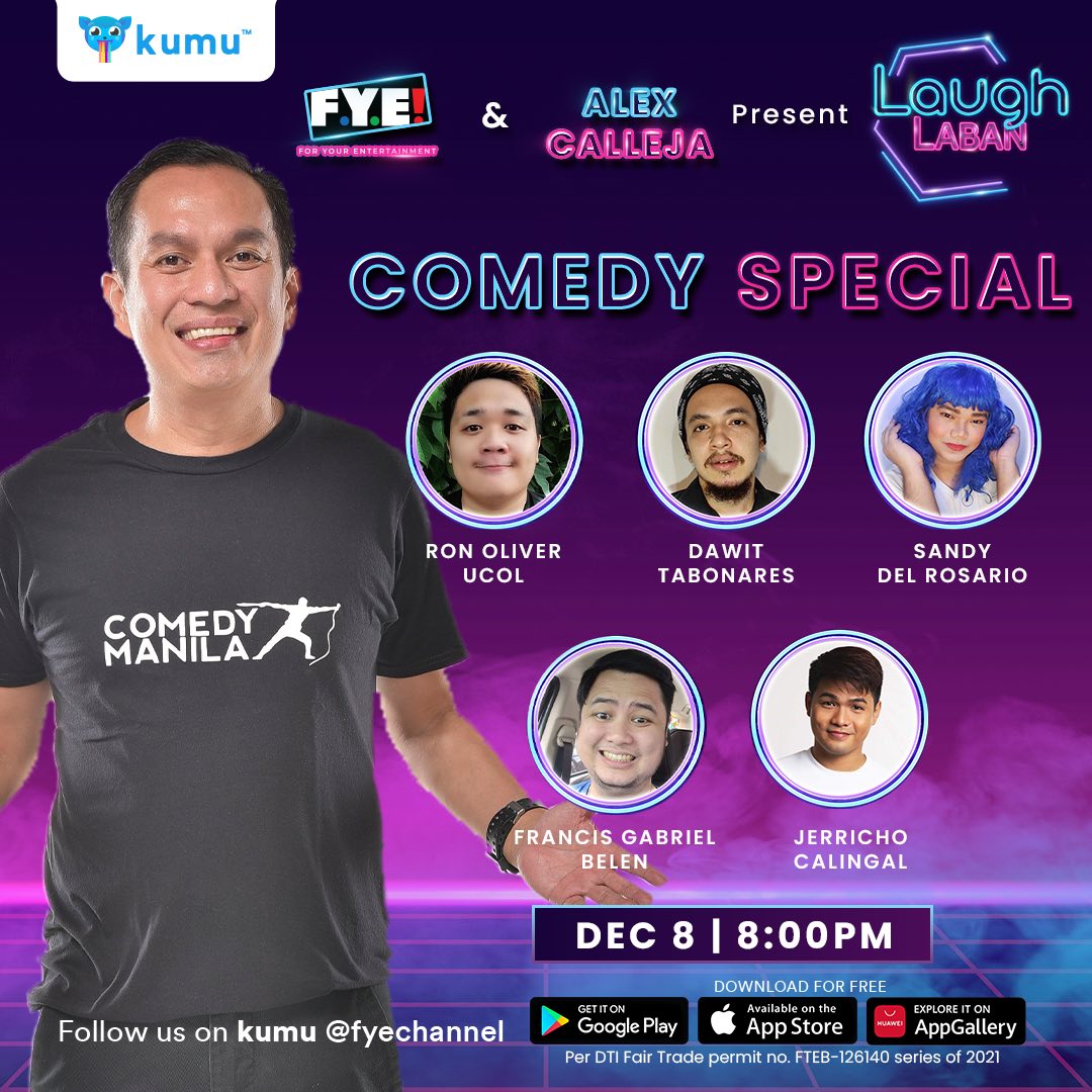 ABSCBNpr's tweet photo. Last two episodes na ng #LaughLaban this week! Sino ang mananalo bilang Next Online Comedy Star? Abangan ang mga ganap bago mag-grand finals! Tutok na ngayong Wednesday, December 8, 8 PM sa @fyechannel on kumu! Download the app now! https://t.co/mHWRpoq9jx https://t.co/D3Mj7yzVhk