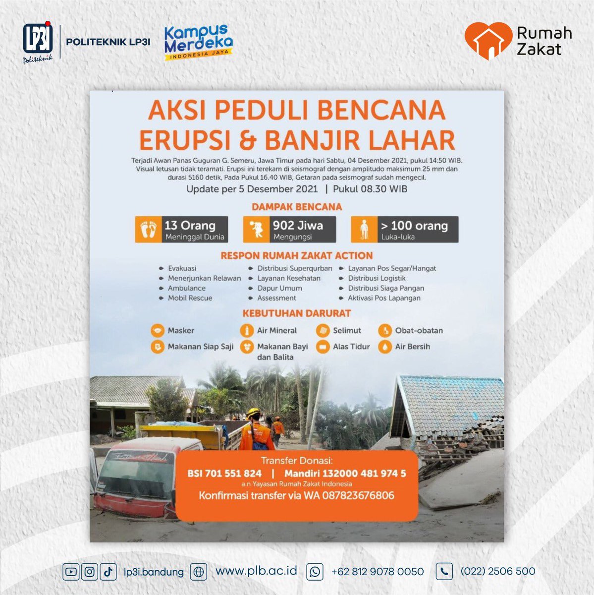 polteklp3ibdg_'s tweet photo. POLITEKNIK LP3I PEDULI
Hal-hal kecil yang kamu lakukan bisa sangat berarti bagi orang lain. Mari kita bantu saudara-saudara kita yang sedang mengalami bencana alam erupsi Gunung Semeru di Lumajang.
#lp3i
#lp3ibandung
#vokasi
#kerja
#beranipunyaskill
#semeruerupsi 
#opendonasi https://t.co/6TLfuCykOd