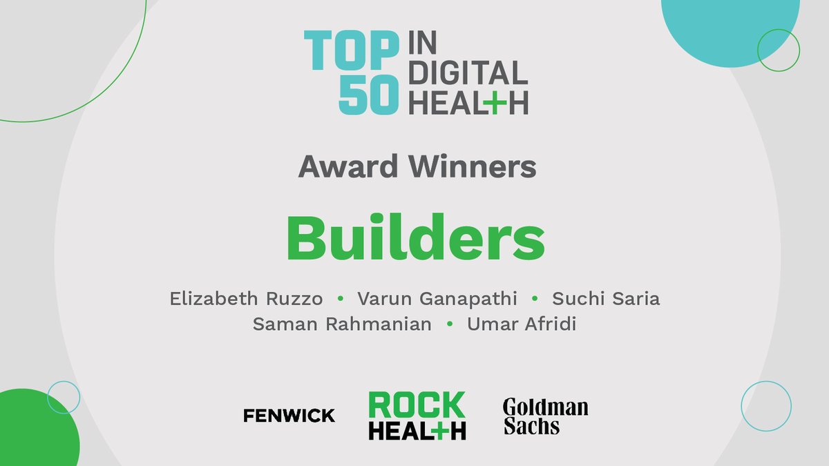 Rock_Health's tweet photo. Congrats to our Top 50: Builders—the design, science, operations, medicine, and engineering innovators who are developing + scaling products + services for all! @sequinlabcoat, Varun Ganapathi @akasahealth, @suchisaria, @saman, @UAfridi!
#Top50inDigitalHealth #10YearsofTop50 https://t.co/VeAoEuVjy1