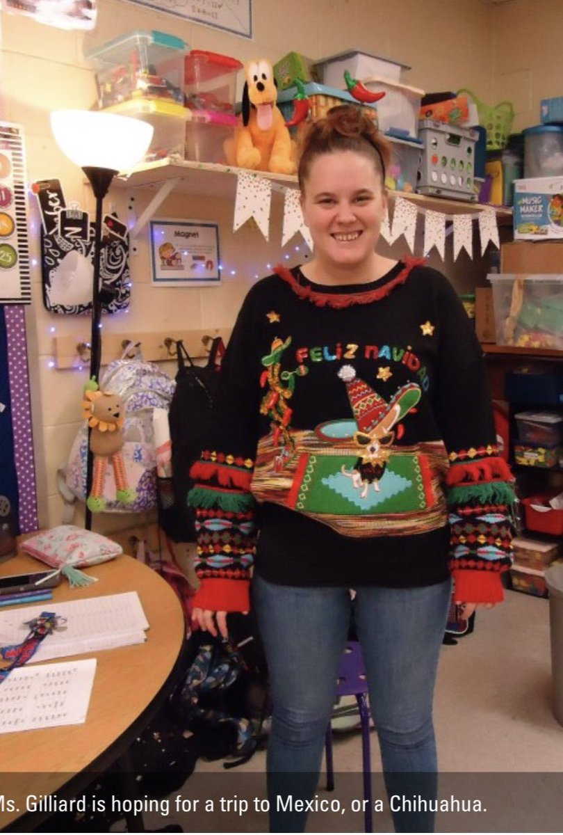 agilliard32's tweet photo. 9 days to Christmas break: Ugly sweater contest!! Winner winner chicken dinner! @HeardMixon #ncssbethebest https://t.co/L2sAeELS7r