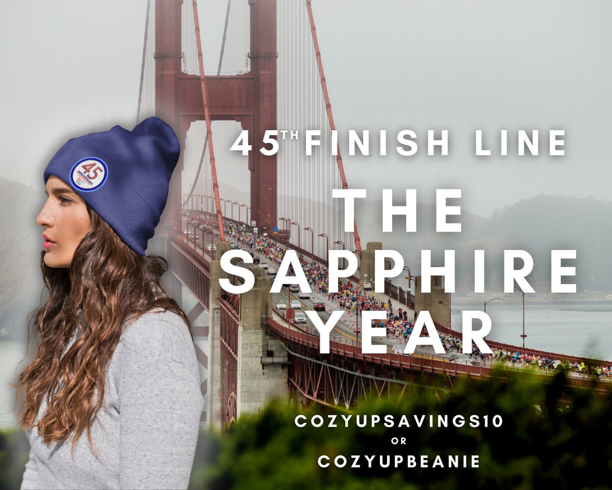 theSFmarathon's tweet photo. 2022 is here-the sapphire year! 💎
Join us in July for the 45th finish line! Register now for any distance using code COZYUPBEANIE and get this limited edition 45th year knit beanie OR COZYUPSAVINGS10 to save 10% off your registration.
#45thFinishLine #SapphireYear #sfmarathon https://t.co/LSMiYuonRM