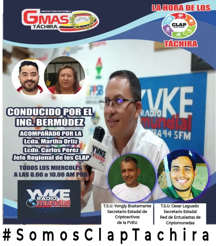 Mañana #8Dic a sintonízar a las 8AM por la 94.5 FM YVKE “La Hora de los Clap" tendremos como invitados <a href="/yonglycao/">Yonglycao</a> Secretario Estadal de Criptoactivos de la <a href="/fveuoficial1/">FVEU</a> y @Untaljesuss_ Secretario Estadal de la <a href="/Recrito/">Recrito Garrido</a>.
#SomosClapTachira
<a href="/FreddyBernal/">Freddy Bernal</a>
#SoyComunicadorClap