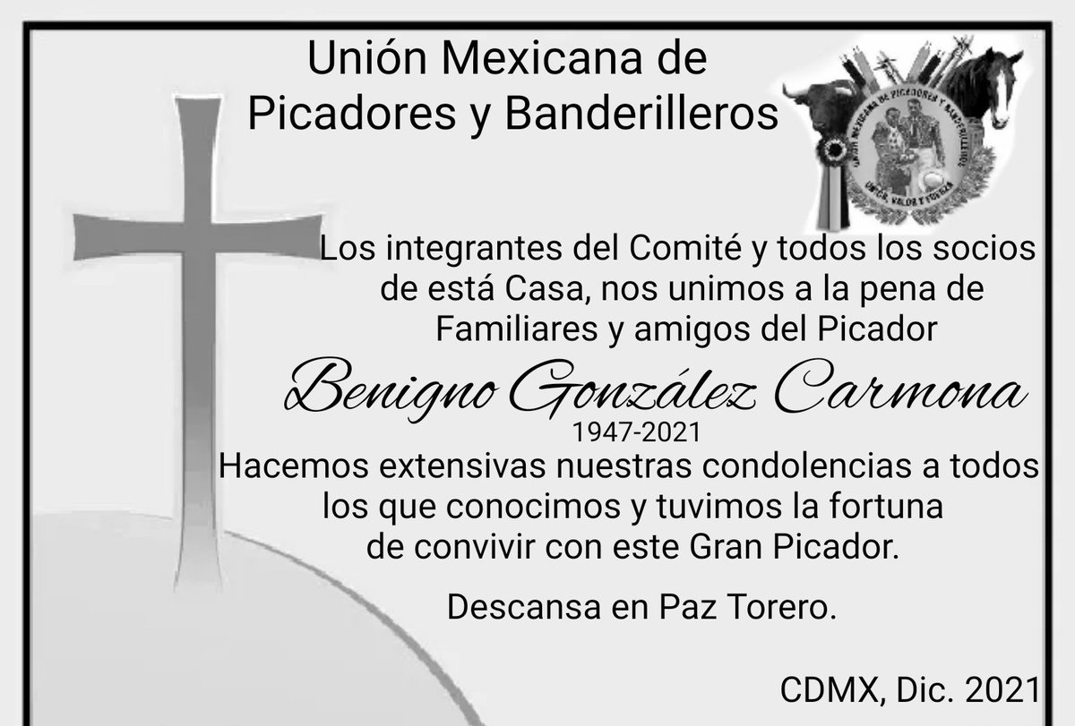 UMPyB's tweet photo. Esta tarde, ha partido al encuentro con el Creador nuestro compañero Benigno González Carmona.

Deseamos que su alma goce de Paz, ahora ya descansa junto. Asus hijos.

Descansa en Paz Torero.

#UnionValoryFuerza https://t.co/EfNfgDj46P