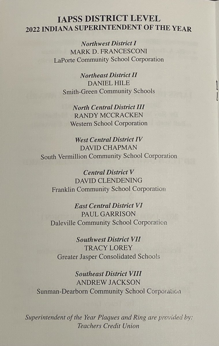 Congratulations to our District Level 2022 Indiana Superintendents of the Year!