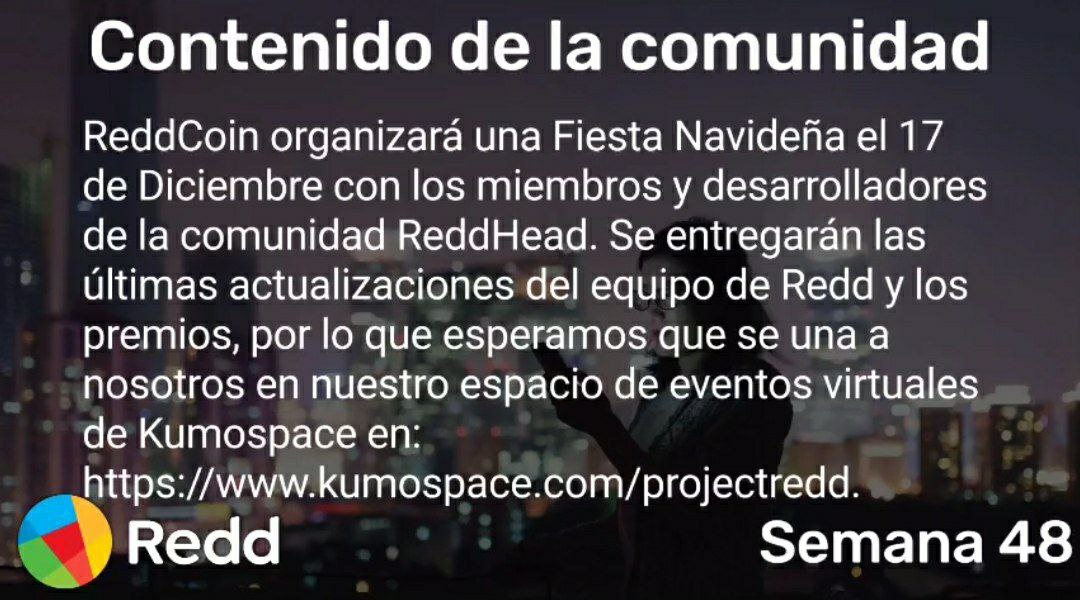 ReddCoinSpanish's tweet photo. ��Reserva la fecha! Únete al equipo de #Redd Dev, a los miembros principales y a los #ReddHeads de todo el mundo durante nuestra fiesta ReddHoliday el 17 de Diciembre. Podremos vernos en nuestro espacio de eventos virtuales #Kumospace en https://t.co/ISSvGCWjSS. #ReddCoin https://t.co/AFzzigJxbs