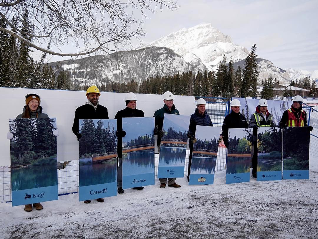 banffmayor's tweet photo. Excited to officially kick off construction of #Banff’s new pedestrian bridge, the Nancy Pauw Bridge. A huge thank-you to the funders and partners who helped to make this active modes dream come true. Can’t wait to walk, run, and bike across it by the fall of 2022! 🎉 https://t.co/RDIgZ7Qj6Z