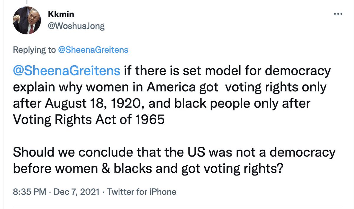 One of my favorite class activities has students list attributes required for democracy & then ask "what year did the US become a democracy"? Point being exactly the ? below. FWIW, here's the V-Dem answer: the US was not fully democratic when women & minorities couldn't vote.