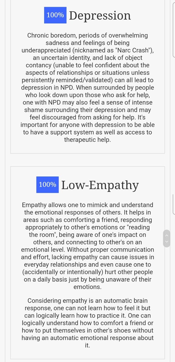 HillsAroundUs's tweet photo. https://t.co/S4ZlfBMbWM
This is a meh test but it's way better & more relatable than the basic "true or false: I am better than everyone" NPD assessments.
If ur a narc u should reply or QRT w ur results
#actuallyNPD #actuallynarcissistic #NPD #narcissisticpersonalitydisorder https://t.co/48iyqcs8MJ