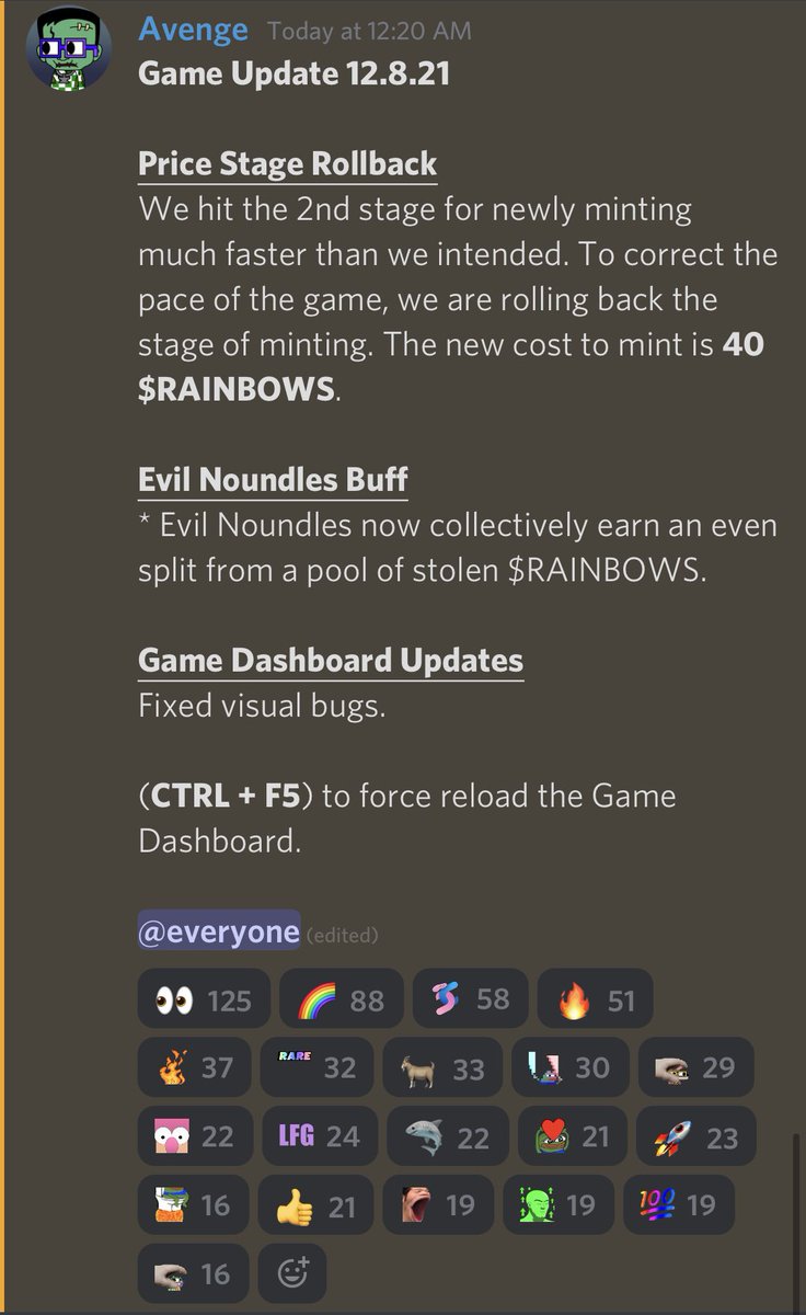 noundlesold's tweet photo. Game Update 12.8.21

We are closely monitoring our game...

Community feedback allows us to adapt and balance out the game! https://t.co/0E2kMphf4x