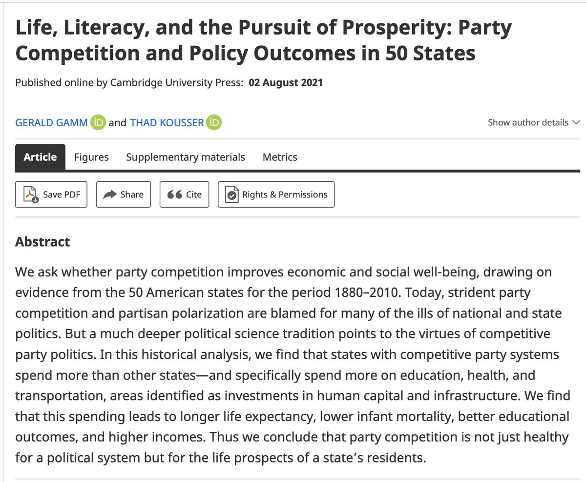 Actually, every year we ask students to assess the classic argument that "Modern democracy is unthinkable save in terms of parties.” Evidence suggests party competition still matters for American democracy & its outcomes. For ex, this just came out in our flagship journal: