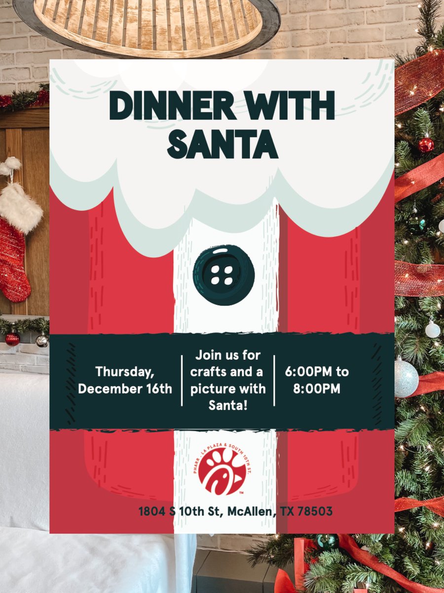 cfalaplaza's tweet photo. Chick-fil-A La Plaza &amp; South 10th St. is excited to announce Dinner with Santa! Stop by Thursday, December 16th for a photo and crafts! 🎄 https://t.co/zi01IbVzYB