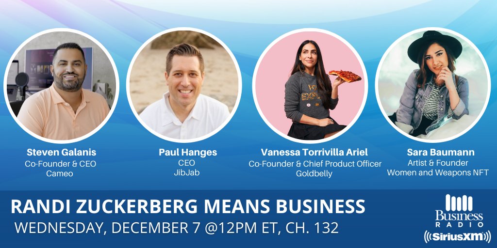SXMBusiness's tweet image. TODAY at 12pm ET - @RandiZuckerberg is LIVE!

❇️Holiday Special❇️

- @BookCameo's @Mr312 on Personalized Celebrity Messages

- @JibJab on Digital Holiday Cheer 

- @Goldbelly on Gourmet Food Gifts 

- @NFTSaraBaumann on #NFT Gifting &amp;amp; @WomenandWeapons

🔊Tune in on #SiriusXM132🔊