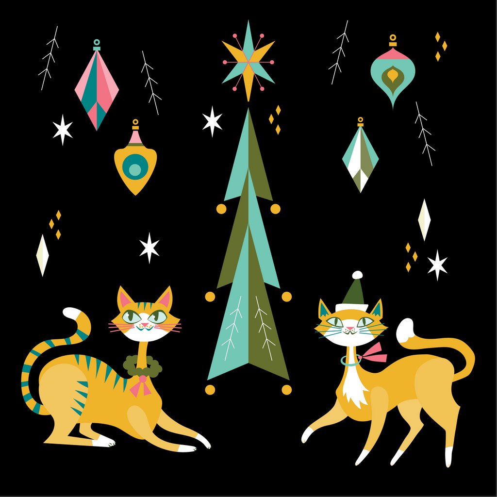 PinkOwletArt's tweet photo. Some more retro xmas cats! I am making another retro modern inspired pattern, but this time it's holiday cats. These two look suspiciously like my cats. :)
#retromodern #retrocats #modernistcats #retroxmas #modernxmas #midcenturyholiday #midcenturycats https://t.co/0CPEGCEPkm
