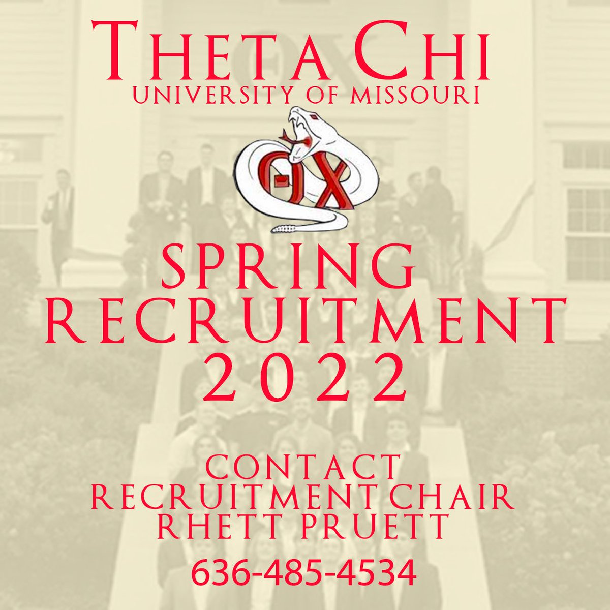 If you missed out on Fall Rush and are looking to rush in the spring contact our recruitment chair Rhett Pruett for more information about Theta Chi!