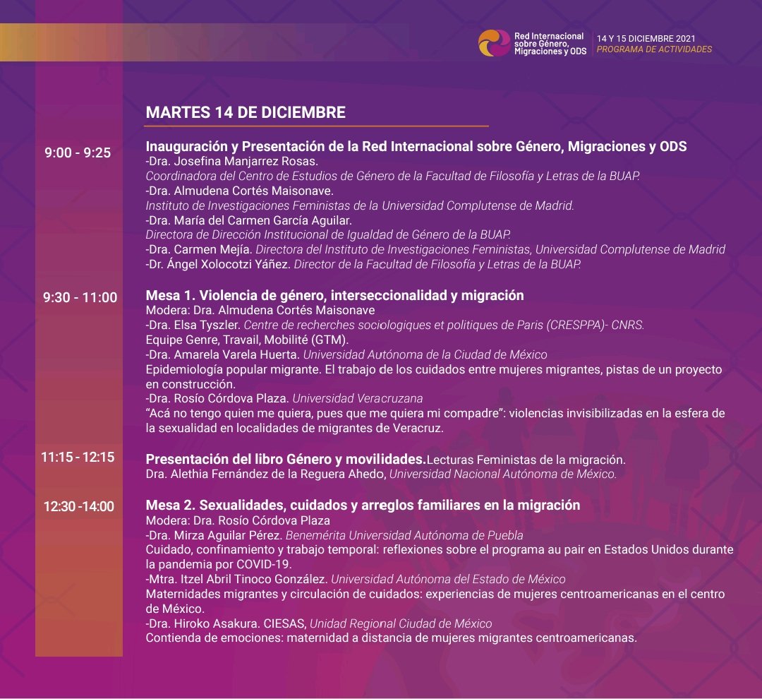 👀 Ya vieron el programa del
Seminario de la Red Internacional sobre Género, Migraciones y ODS “Violencia, humanitarismo, cuidados y vulnerabilidades”, no?
Acá se los dejo:
🗓️ 14 de diciembre