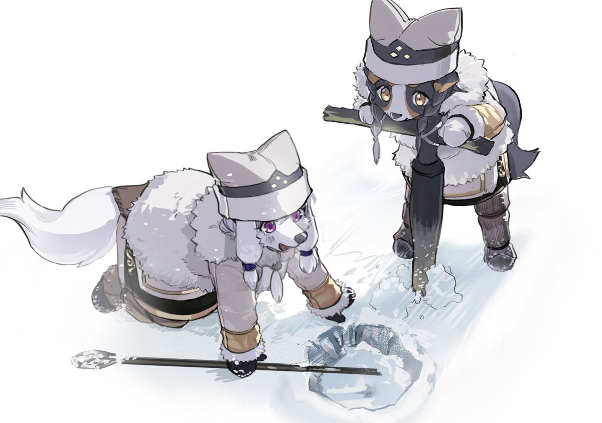 snow purple eyes hat tail weapon 2girls yellow eyes  illustration images