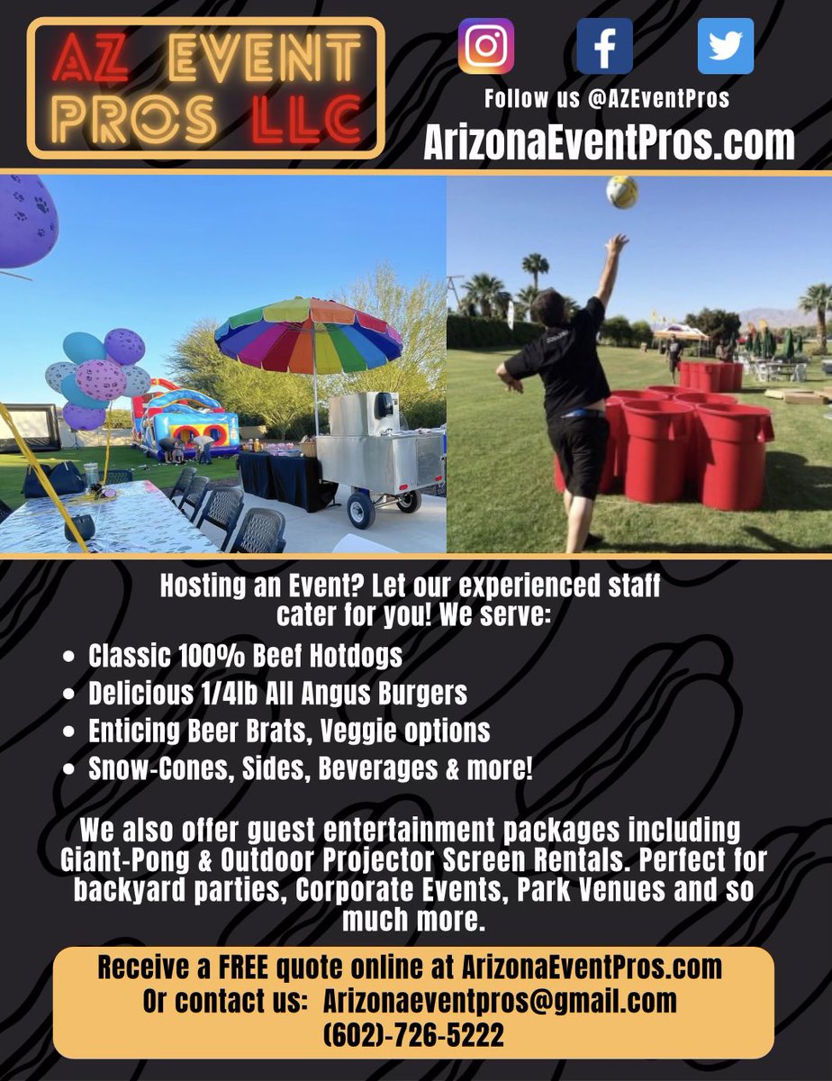 AZEventPros's tweet image. Next on the menu: Food, fun, &amp;amp; sun! ☀️

Book your Event through our website; openings include Monday December 13th, when the Arizona Cardinals travel to LA to take on the Rams on Monday Night Football 🏈