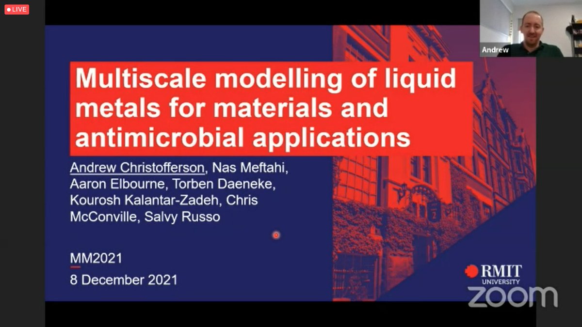 AMMA MM2021 (@2021amma) on Twitter photo Next up in the #BioMaterials session we have Dr Andrew Christofferson (<a href="/VizProd/">Andrew J. Christofferson</a>) from <a href="/RMIT/">RMIT University</a>, discussing Multiscale modelling of #liquidmetals for materials and #antimicrobial applications
#compchem #ozchem Next up in the #BioMaterials session we have Dr Andrew Christofferson (<a href="/VizProd/">Andrew J. Christofferson</a>) from <a href="/RMIT/">RMIT University</a>, discussing Multiscale modelling of #liquidmetals for materials and #antimicrobial applications
#compchem #ozchem