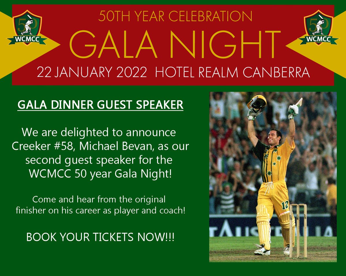 Exciting news with Michael Bevan joining Geoff "Henry" Lawson OAM for our 50th Season Gala Dinner on 22/1/22 at Hotel Realm. 
<a href="/mbevan12/">Michael Bevan</a> (WCMCC cap #58) was the first Canberran born cricketer to play for Australia. Get your tickets via the website.
#GoodtoBeGreen
#WCMCC50