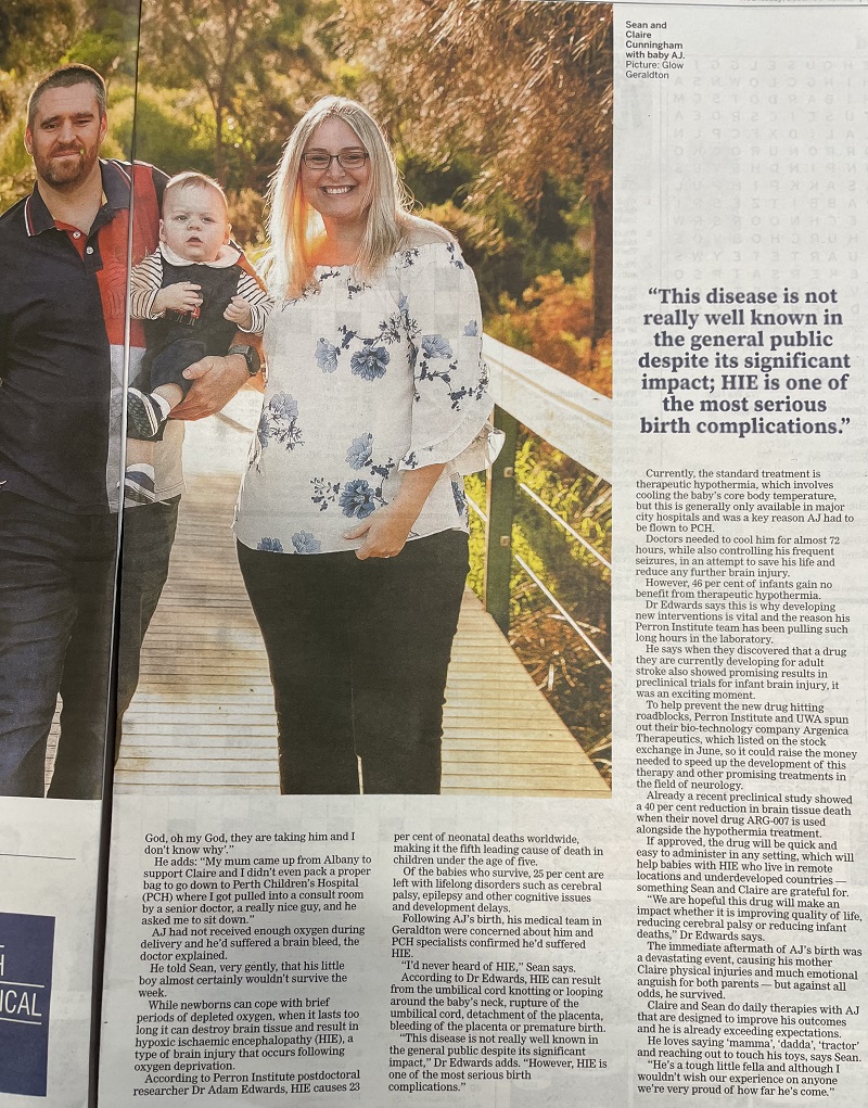 PerronInstitute's tweet image. Dr Adam Edwards, postdoctoral researcher at Perron Institute discusses his work on hypoxic ischaemic encephalopathy (HIE) in today&apos;s @westaustralian and the hope the ARG-007 drug being developed via @ArgenicaT and @uwanews will improve quality of life.