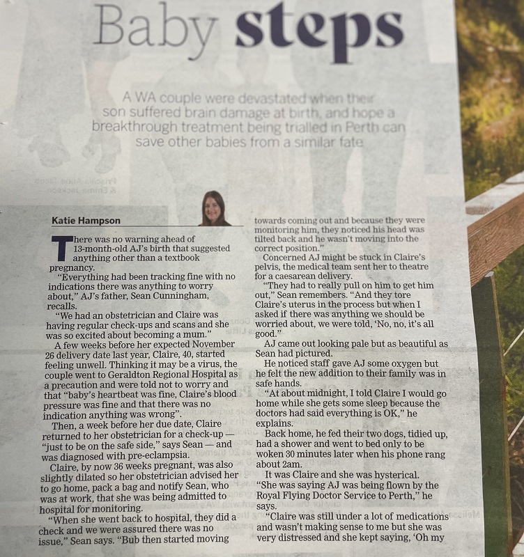 PerronInstitute's tweet image. Dr Adam Edwards, postdoctoral researcher at Perron Institute discusses his work on hypoxic ischaemic encephalopathy (HIE) in today&apos;s @westaustralian and the hope the ARG-007 drug being developed via @ArgenicaT and @uwanews will improve quality of life.