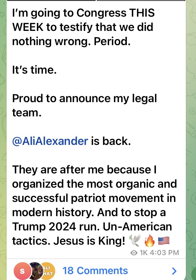 Truthfinder1235's tweet photo. Welp Ali Alexander is about to give testimony to congress and clearly is very remorseful. https://t.co/JMPbEURtQc