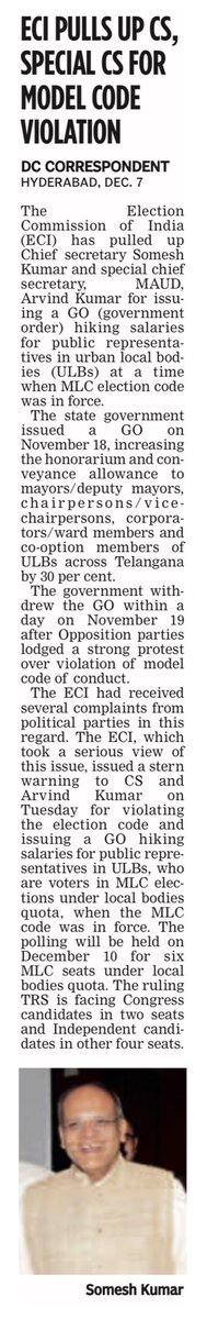 oratorgreat's tweet image. Election Commission #ECI @ECISVEEP gives a stern warning to @TelanganaCS @SomeshKumarIAS @arvindkumar_ias for violations #modelcode #MLC polls @DeccanChronicle