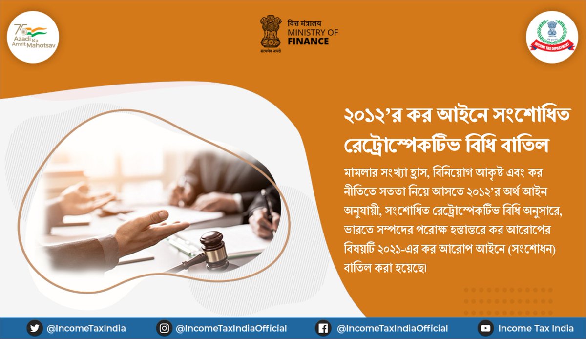 PIBKolkata's tweet photo. #FinMin2021
মামলার সংখ্যা হ্রাস,বিনিয়োগ আকৃষ্ট ও কর নীতিতে সততা আনতে একাধিক সংস্কারমূলক পদক্ষেপ নিয়েছে। ২০১২’র অর্থ আইন অনুযায়ী,যে #RetrospectiveAmendment হয়েছে,ভারতে সম্পদের পরোক্ষ হস্তান্তরে কর আরোপের বিষয়টি ২০২১-এর কর আরোপ আইন (সংশোধন) অনুসারে বাতিল হয়েছে।
@nsitharaman https://t.co/KErZYoRLVB