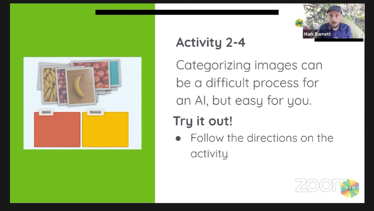 Watching @BarkMarnett take us on journey on how #ArtificialIntelligence can be taught in classrooms with ready made activities.