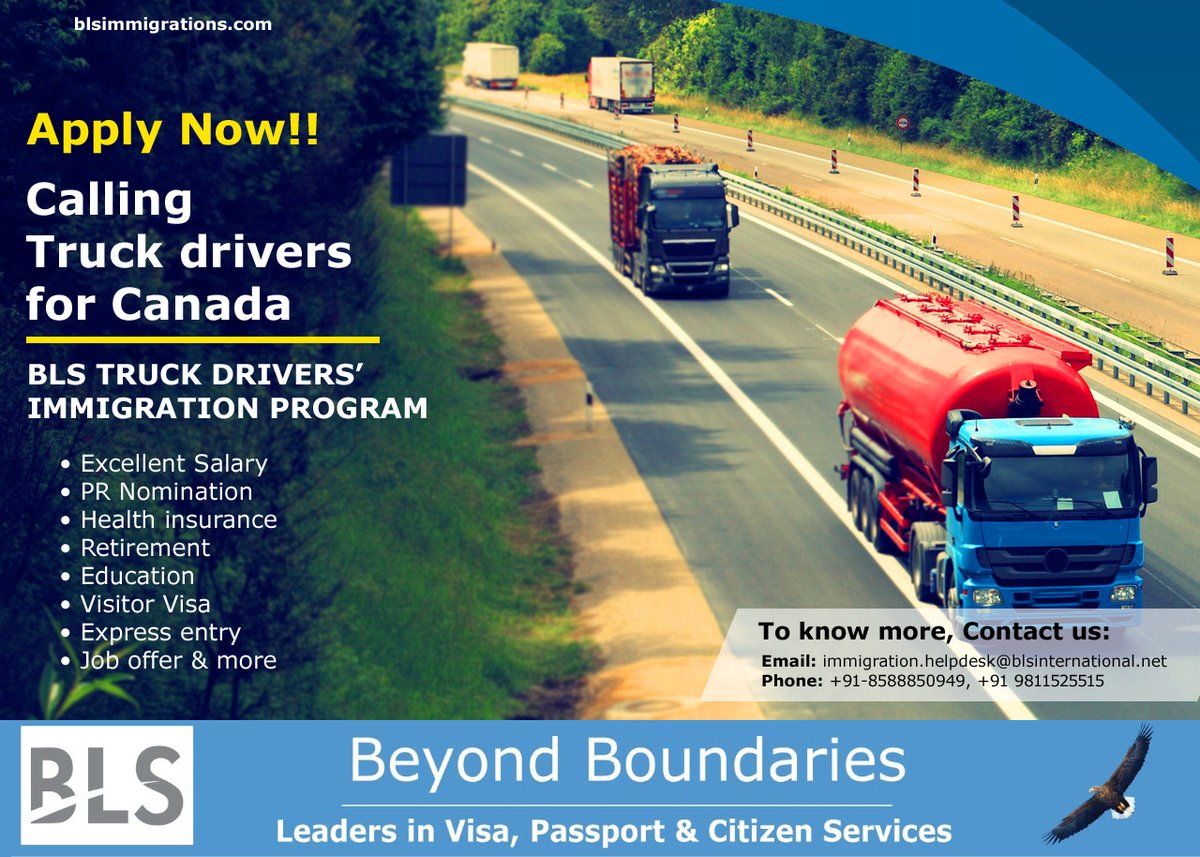 BlsImmigrations's tweet photo. Calling Truck drivers for #Canada! #BLS Truck drivers #ImmigrationProgram. Excellent salary, Employee benefits, Immigration for entire family and more. To register with us, call us on +91 85888 50949/98115 25515 (#India); +971 4 3875666 (#UAE).
https://t.co/X5i50PKgl3 https://t.co/3u5v0n2WuZ