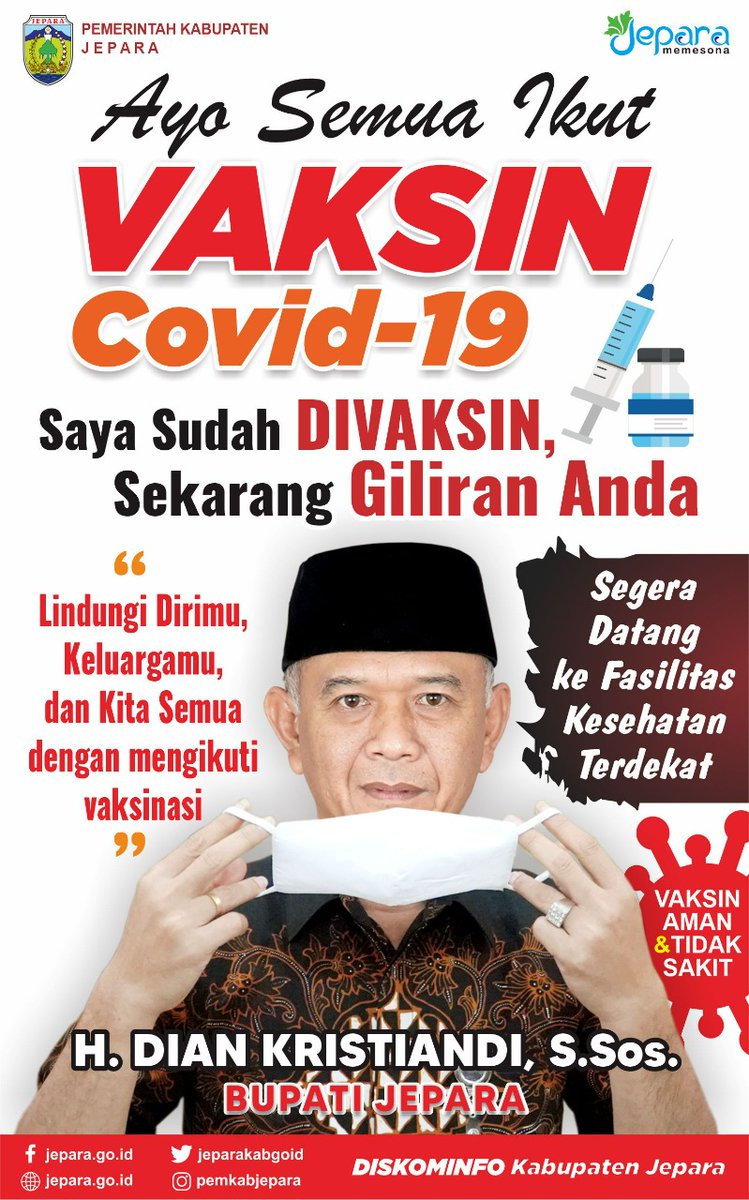 jeparakabgoid's tweet photo. Ayo kangmas mbakyu ikut Vaksin Covid-19. Lindungi dirimu, keluargamu, dan kita semua dengan mengikuti vaksinasi Covid-19 di fasilitas kesehatan terdekat. Ajak teman serta sanak saudara.

Vaksin aman, halal, dan tidak sakit. Saya sudah divaksin, sekarang giliranmu. https://t.co/x5h9uJZbbd