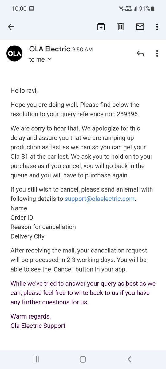 bmsravima's tweet photo. @bhash @OlaElectric 
RECEIVED  mail from your team again after several follow-up. My refund is not yet processed.
Please process immediately. This is not a professional  way of addressing. https://t.co/v9kNs1XZq5