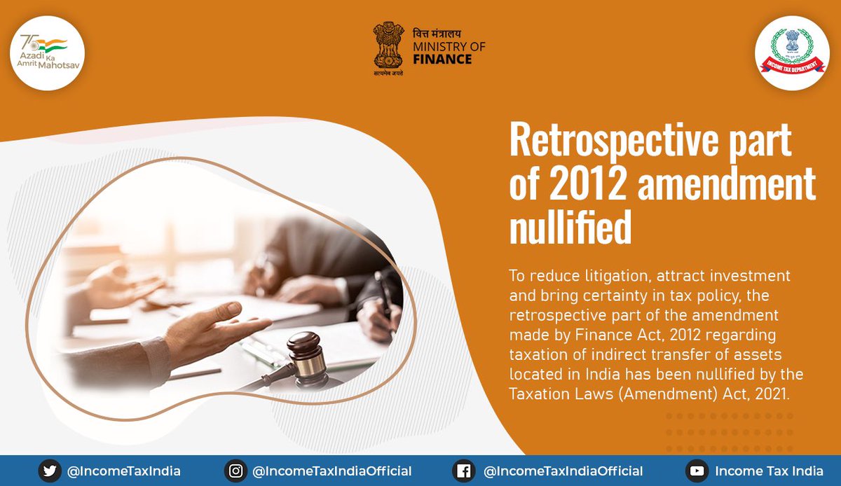 FinMinIndia's tweet photo. Big reform by Govt. to reduce litigation, attract investment & bring certainty in tax policy. #RetrospectiveAmendment made by Finance Act, 2012 wrt taxation of indirect transfer of assets located in India nullified by Taxation Laws (Amendment) Act 2021.
#Economyrising
#FinMin2021 https://t.co/n9CCAoMBK1