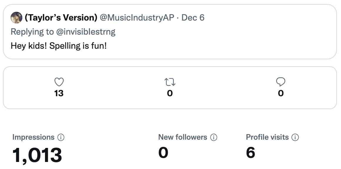 taylorslover133's tweet image. I'll admit it. 13 is my highest like count. but 1013 impressions. on a comment. this isn't my #CancelledEra anymore. it's #ViralEra