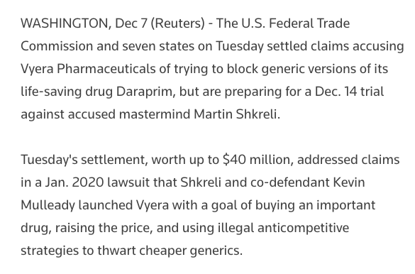 HealthLawAdamH's tweet photo. A reminder #MartinShkreli's massive pricehike on an old, off-patent #EssentialMedicine was perfectly legal (even if stuff he did afterwards wasn't)
"U.S. FTC settles with #Vyera over #Daraprim, #Shkreli trial still on" https://t.co/CZwZqtjHQL
#pyrimethamine #Turing #toxoplasmosis https://t.co/WWnC55SFhH