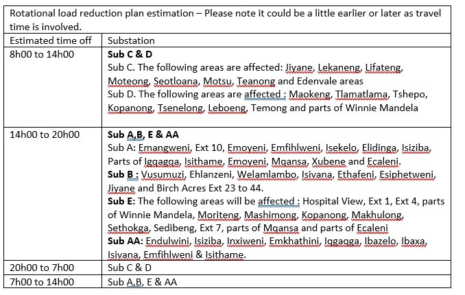 #Electricity #Tembisa - Kindly take note of the below schedule for the load reduction. Further updates will be communicated. #CoE apologizes for inconvenience.