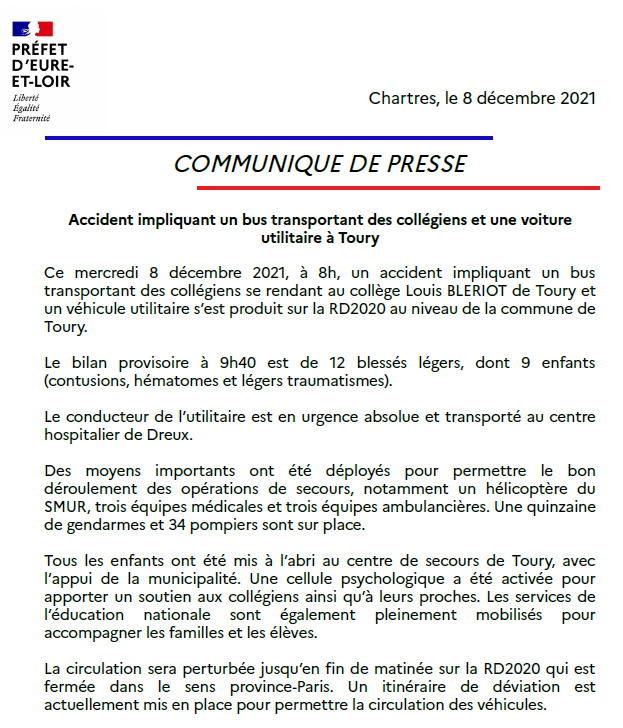 Prefet28's tweet photo. Communiqué de presse concernant l'#accident qui s'est produit ce matin sur la RD2020 à #Toury, impliquant un bus qui transportait des collégiens et une voiture utilitaire. https://t.co/b4wFYpABhl
