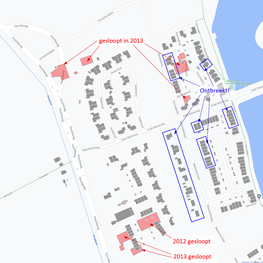 Geotag_all's tweet photo. @googlemaps @GMapsPlatform  wanneer worden de BAG contouren (https://t.co/IurAFVuun1) voor #Meerstad geactualiseerd? Panden die in 2012 en 2013 zijn gesloopt staan nog op de kaart. @LocalyseMaps #GIS https://t.co/s73BvKWQEh
