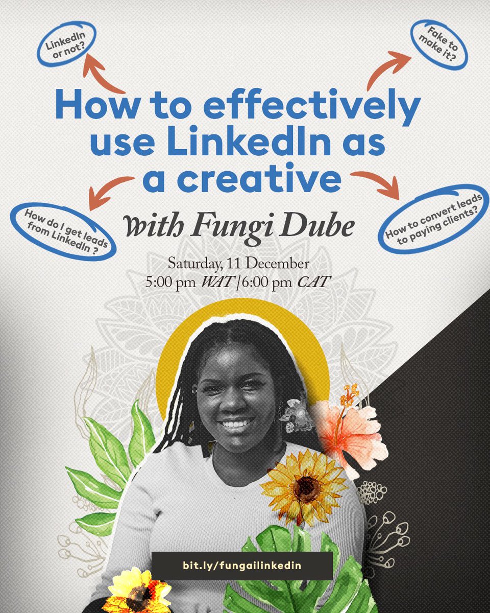 fungi_dube's tweet image. And just like that, l am re-doing my LinkedIn session for Creatives!

If you missed the 1st installment, join me on Google Meet this Saturday, the 11th, at 5pm WAT / 6pm CAT. 

Grateful for my friend @Ayoolafelix for helping me put everything together 🌻

bit.ly/fungailinkedin