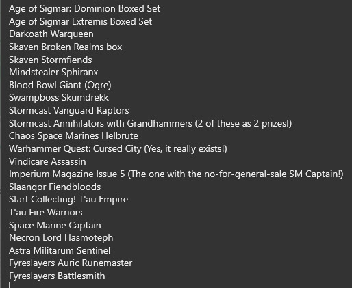 HughWyeth's tweet photo. The prize list for the @BadMoonCafe2 xmas raffle for @StMungos is XL!, thanks to the incredible generosity of the #warhammercommunity. Please get your tickets if you haven't already - BMC will post to winners in the UK for no charge! #Warmongers https://t.co/wTw1qi6HvK https://t.co/ESwKHO4eo4