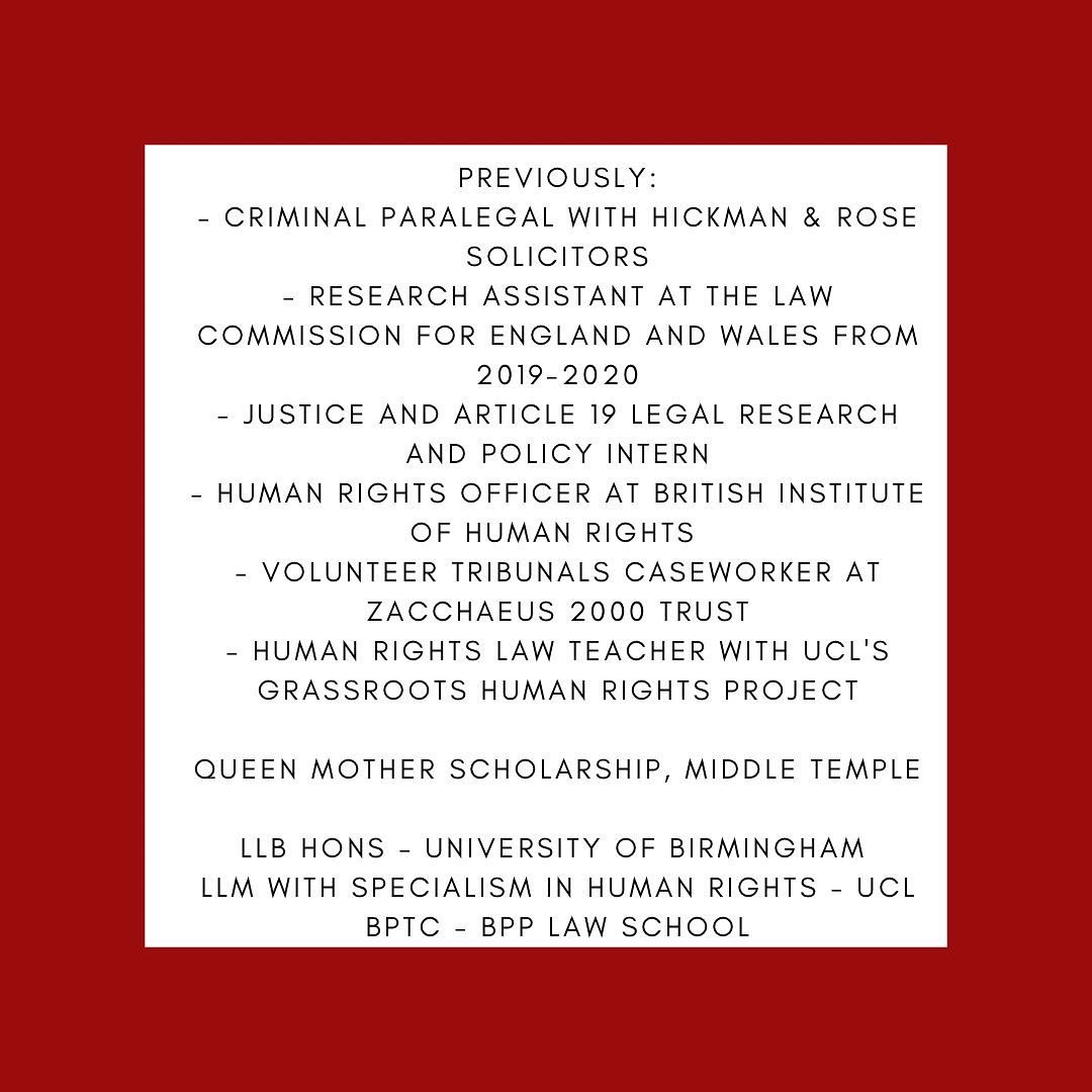 MTStudents's tweet photo. Introducing the first of our panelist for our Pupillage Evening🤩

We’ll be sharing one everyday in the lead up to the event!

First up we have: Katrina Walcott, Crime Specialist Pupil at @DoughtyStreet 

🗓16th Dec 2021
⏰6pm-8:30pm
📍Sherrard Room 
🔗 Link in bio to register! https://t.co/hLd9ozEuSK