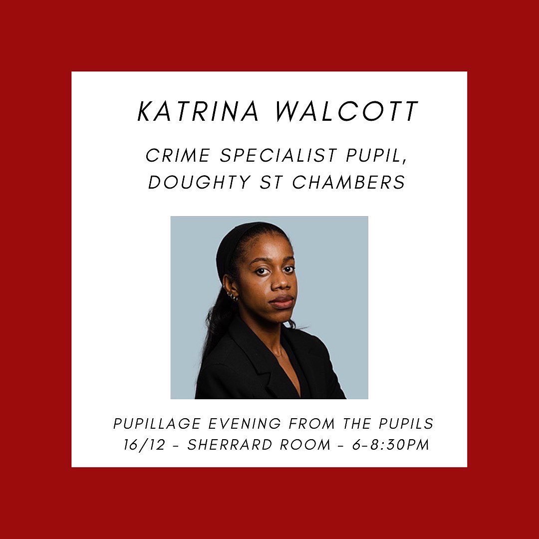 MTStudents's tweet photo. Introducing the first of our panelist for our Pupillage Evening🤩

We’ll be sharing one everyday in the lead up to the event!

First up we have: Katrina Walcott, Crime Specialist Pupil at @DoughtyStreet 

🗓16th Dec 2021
⏰6pm-8:30pm
📍Sherrard Room 
🔗 Link in bio to register! https://t.co/hLd9ozEuSK