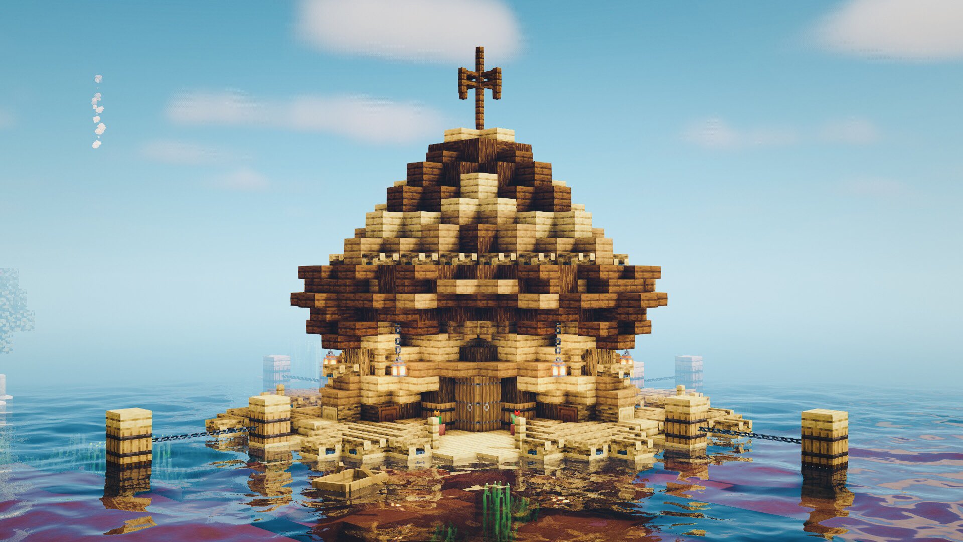 そろんごクラフト マイクラ建築 筏付きコテージ 流されないよう ちゃんと鎖で止めてあるのだ B ナナメ建築でゴチャ感出るので 敢えての線対称にしてみた ｳﾝ マイクラ マインクラフト Minecraft Minecraftbuilds Minecraft